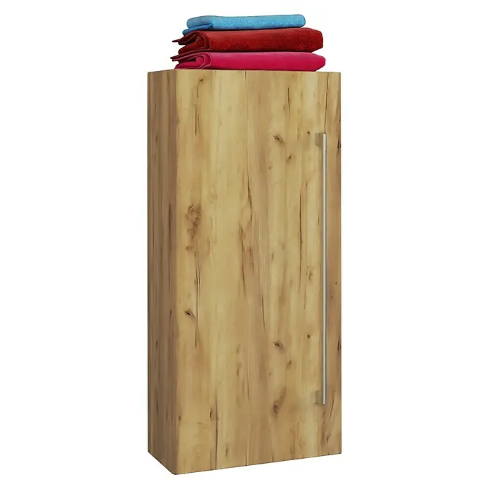 VCM Badinos Hängeschrank - 33 x 22 x 75 cm, Honig-Eiche - Schrank aus Holz mit Handtüchern oben. Der Holzschrank hat einen silbernen Griff und eine natürliche Holzmaserung.