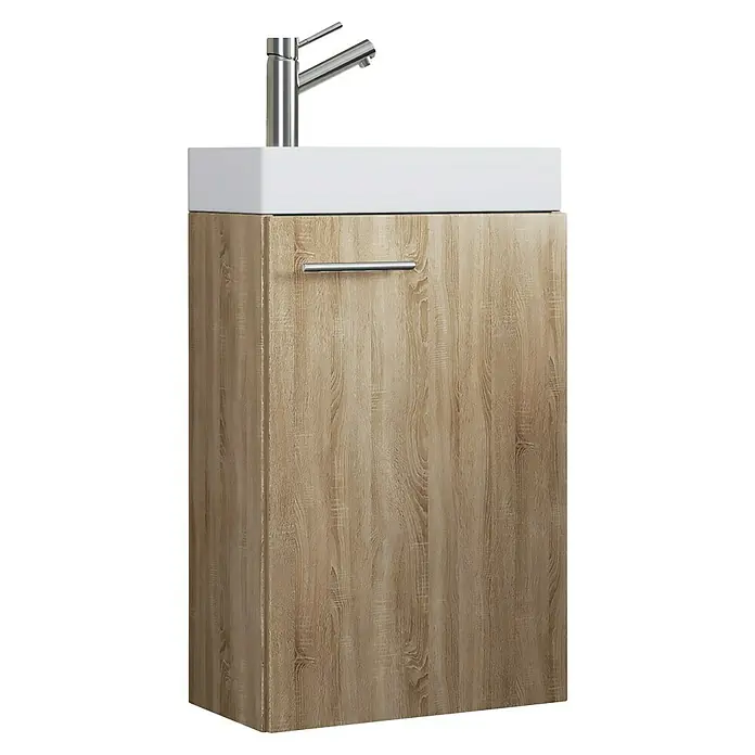 VCM Badmöbel-Set Slito - Gesamtbreite Badmöbel: 40,5 cm, Sonoma-Eiche, Matt, 2 -tlg. - Dieses Bild zeigt ein modernes Waschbeckenunterschrank mit einem hellen Holzfinish und einem minimalistischen Design.