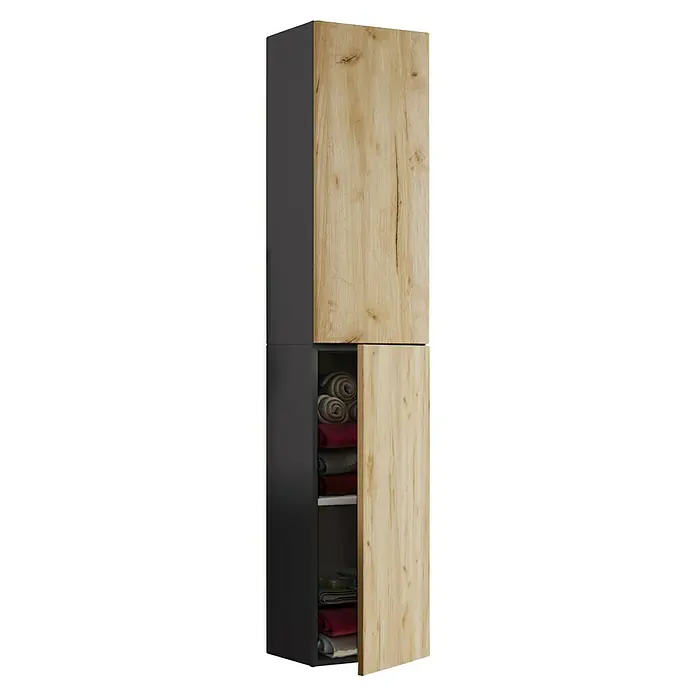 VCM Lendas Hochschrank - 33 x 22 x 150 cm, Anthrazit/Honig-Eiche - Das Bild zeigt einen schmalen Badezimmerschrank in Anthrazit und Holzoptik mit zwei Fächern, wobei eine Tür geöffnet ist.