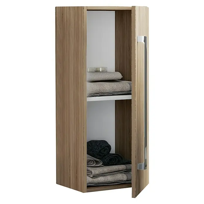 VCM Badinos Hängeschrank - 33 x 22 x 75 cm, Sonoma-Eiche - Ein Badezimmerschrank mit Holzstruktur, geöffnet, mit Handtüchern auf den weißen Regalen und einem silbernen Griff an der Tür.