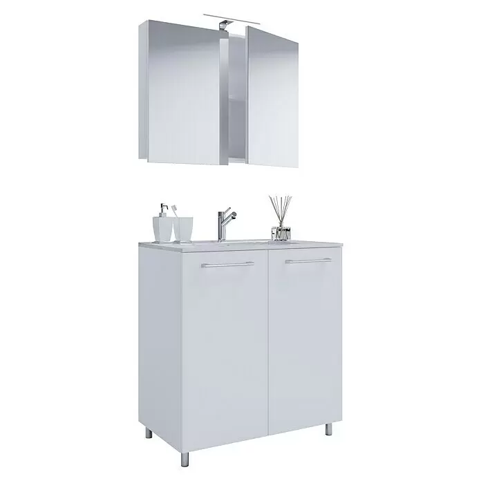 VCM Badinos Badmöbel-Set SPS80 cm, Weiß, Farbe Waschbecken: Weiß, Glänzend