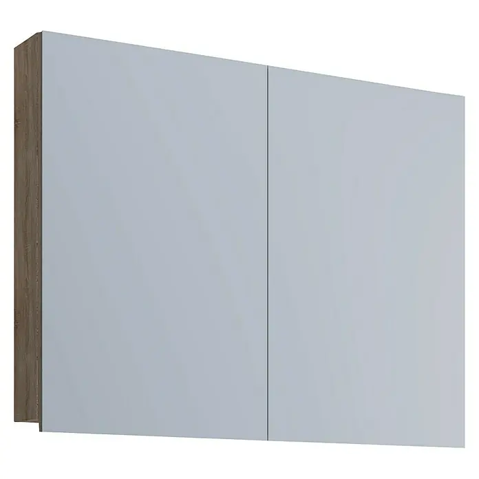 VCM Badinos Spiegelschrank - B x H: 80 x 59,2 cm, Ohne Beleuchtung, Holz, Sonoma-Eiche - Nahaufnahme eines modernen Badezimmerschranks mit zwei grauen Türen und einem Holzrahmen, der ein elegantes Design präsentiert.