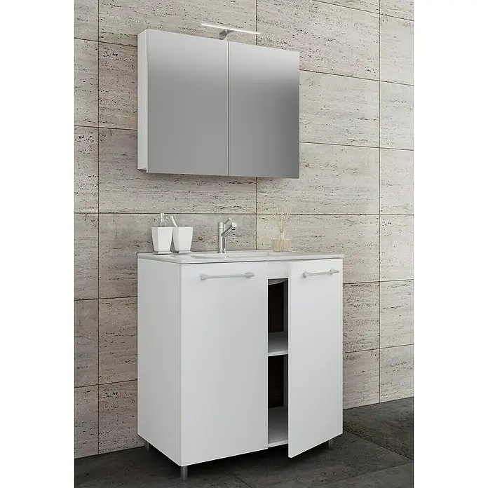 VCM Badinos Badmöbel-Set SPS80 cm, Weiß, Farbe Waschbecken: Weiß, Glänzend - Ein modernes Badezimmer Waschbecken mit weißem Unterschrank und Spiegelschrank. Der Waschtisch bietet Stauraum für Badutensilien.