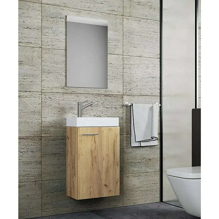 VCM Badmöbel-Set Slito - Gesamtbreite Badmöbel: 41 cm, Honig-Eiche, Matt, 3 -tlg. - Badezimmer mit Waschtischunterschrank in Holzoptik, Spiegel und Handtuchhalter für ein stilvolles Ambiente.