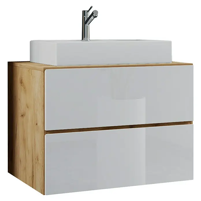 VCM Lendas Badmöbel-Set - 81 cm, Honig-Eiche/Weiß - Modernes Waschbeckenmöbel mit weißen Schubladen und Holzdetails für ein stilvolles Badezimmerdesign.