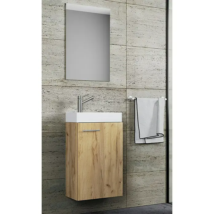 VCM Badmöbel-Set SlitoGesamtbreite Badmöbel: 41 cm, Honig-Eiche, Matt, 3 -tlg. - Das moderne Badezimmer verfügt über einen Waschtisch mit Holzstruktur und ein minimalistisches Design mit einem klaren Spiegel.