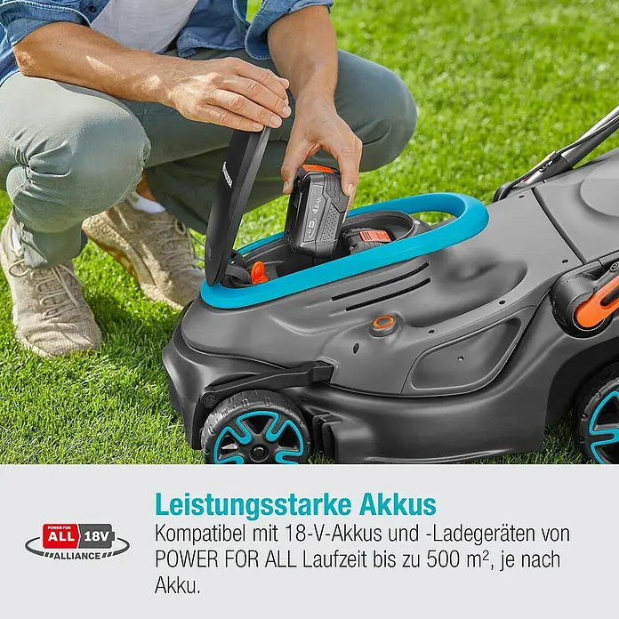Gardena Power for All 18V Akku-Rasenmäher PowerMax 37/36V - 18 V, Ohne Akku, Schnittbreite: 37 cm - Akku-Rasenmäher mit eingesetztem 18V Akku. Leistungsstarke Akkus für eine Laufzeit bis zu 500 m², je nach Akku.
