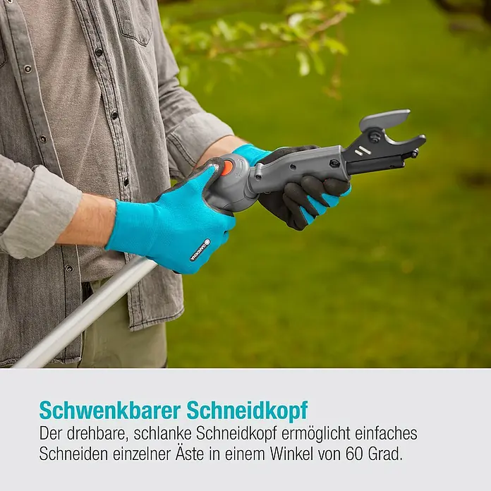 Gardena Power for All 18V Baumschere HighCut - 18 V, 1 Akku, Max. Aststärke: 28 mm, Länge: 360 cm - Der GARDENA Schneidkopf ermöglicht das einfache Schneiden von Ästen in einem Winkel von 60 Grad.