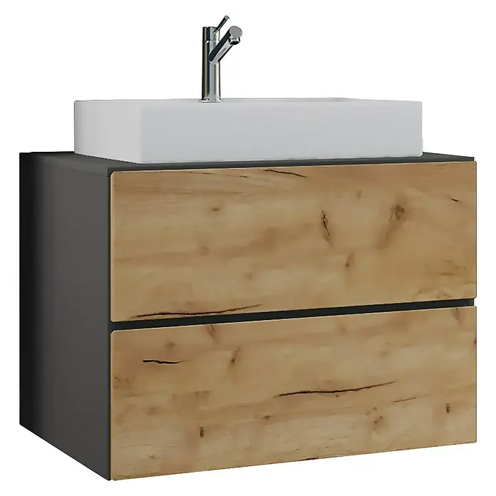 VCM Lendas Badmöbel-Set - 61 cm, Anthrazit/Honig-Eiche - Modernes Waschbecken mit Unterschrank in Holzoptik und grauem Rahmen. Elegantes Design für Ihr Badezimmer.