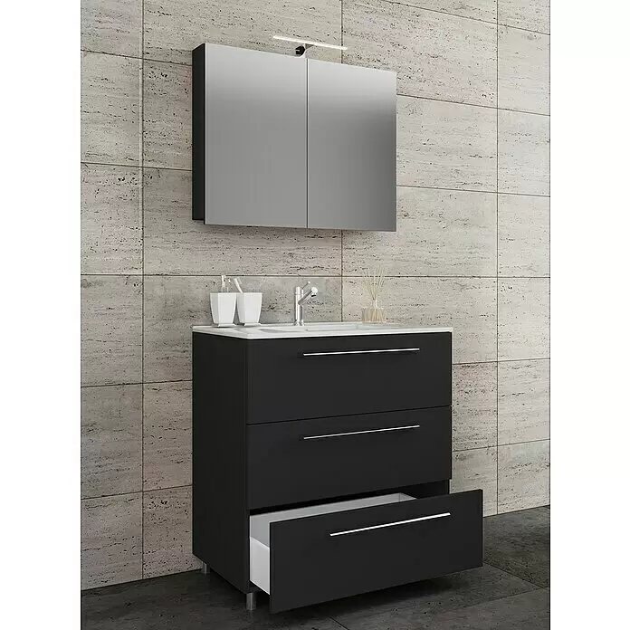 VCM Badinos Badmöbel-Set SPS - 80 cm, Schwarz, Farbe Waschbecken: Weiß - Stimmungsaufnahme