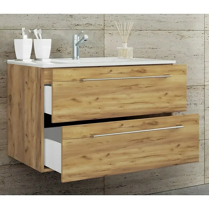 VCM Badinos Badmöbel-Set - 81 cm, Honig-Eiche, 2 -tlg. - Unterschrank mit zwei offenen Schubladen. Moderner Badschrank mit Holzoptik und weißen Akzenten für ein stilvolles Badezimmer.