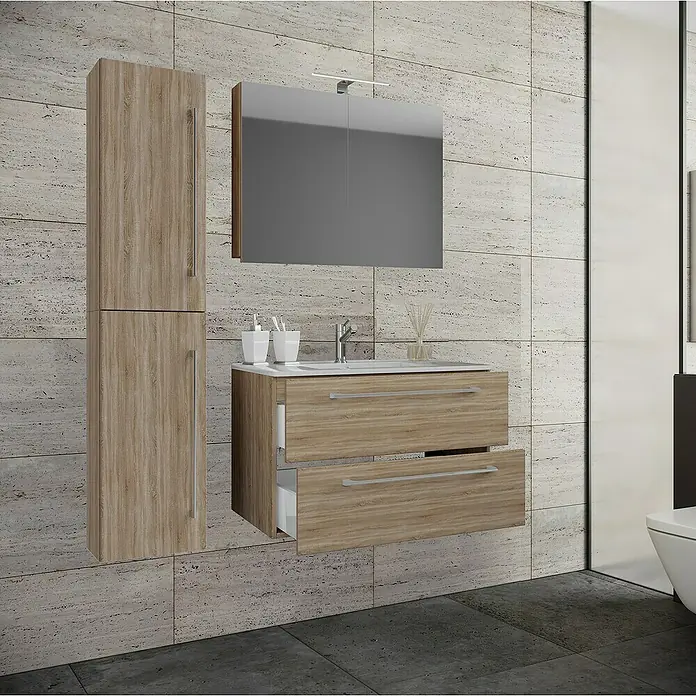 VCM Badinos Badmöbel-Set SPS - 61 cm, Sonoma-Eiche - Badezimmer-Ensemble mit Spiegelschrank, Waschtischunterschrank mit Auszügen und Hochschrank in Holzoptik für ein modernes Badambiente.