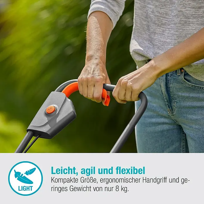 Gardena Power for All 18V Akku-Rasenmäher - 18 V, Ohne Akku, 4 Ah, Schnittbreite: 30 cm - Detailansicht eines Rasenmähers mit ergonomischem Griff, der für leichte und flexible Handhabung konzipiert ist.