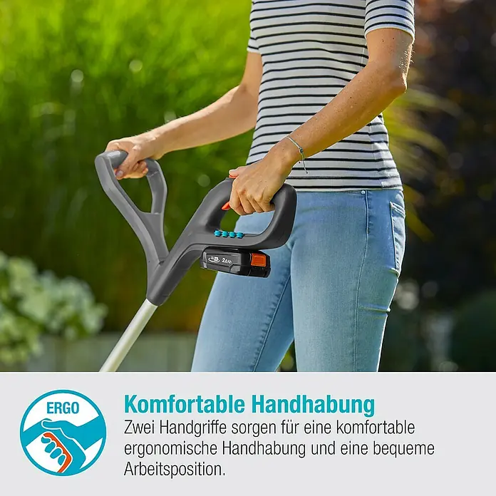 Gardena Power for All 18V Akku-Rasentrimmer - 18 V, 2 Ah, Li-Ionen, Ohne Akku, Schnittbreite Messer: 23 cm - Komfortable Handhabung des Rasentrimmers mit zwei Handgriffen für ergonomisches Arbeiten.