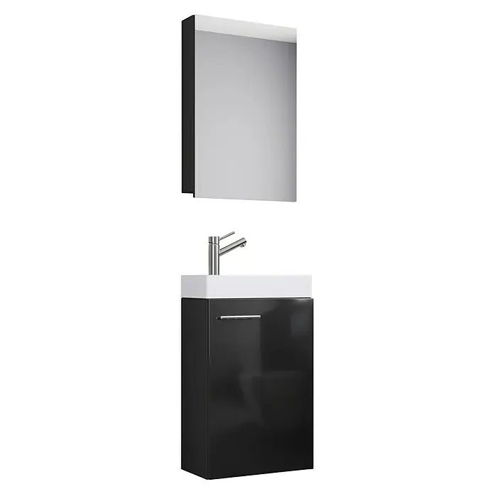 VCM Badmöbel-Set SPS - Gesamtbreite Badmöbel: 41 cm, Schwarz, Glänzend, 3 -tlg. - Das Bild zeigt einen modernen Waschbeckenunterschrank mit einem passenden Spiegelschrank in einem stilvollen Design.
