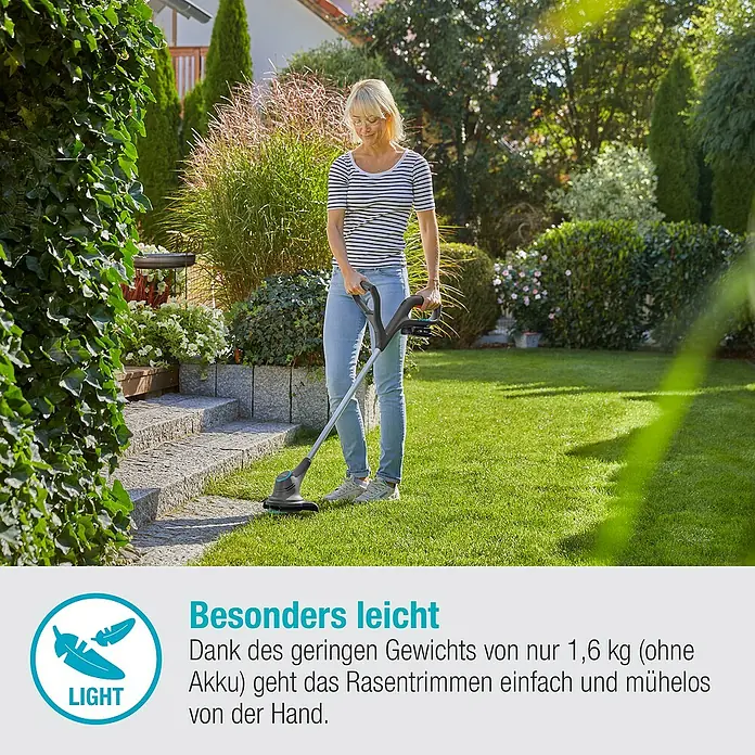 Gardena Power for All 18V Akku-Rasentrimmer - 18 V, 2 Ah, Li-Ionen, Ohne Akku, Schnittbreite Messer: 23 cm - Frau trimmt Rasen mit einem leichten Rasentrimmer, der für mühelose Gartenarbeit konzipiert ist.