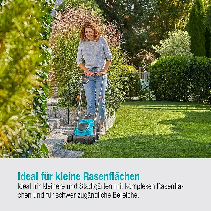 Gardena Power for All 18V Akku-Rasenmäher - 18 V, Ohne Akku, 4 Ah, Schnittbreite: 30 cm - Frau mäht Rasen mit einem Rasenmäher, ideal für kleine Rasenflächen und schwer zugängliche Bereiche.
