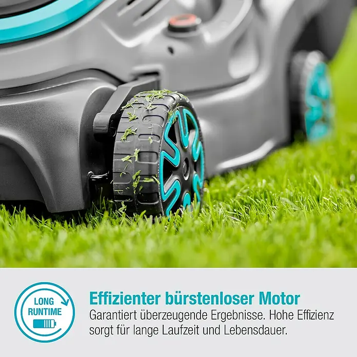 Gardena Power for All 18V Akku-Rasenmäher PowerMax 32/18V - 18 V, Ohne Akku, Schnittbreite: 32 cm - Nahaufnahme eines Rasenmähers mit Fokus auf das Rad. Der Rasenmäher verfügt über einen effizienten, bürstenlosen Motor.
