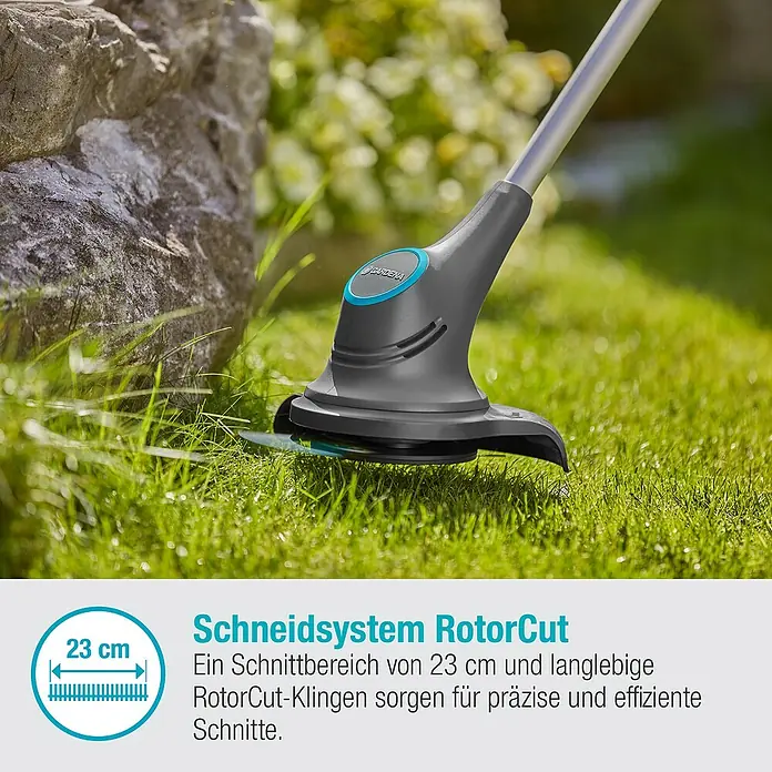 Gardena Power for All 18V Akku-Rasentrimmer - 18 V, 2 Ah, Li-Ionen, Ohne Akku, Schnittbreite Messer: 23 cm - Nahaufnahme des Gardena Akku-Rasentrimmers RotorCut 23/18V P4A mit Beschreibung des Schneidsystems.