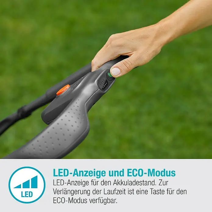 Gardena Power for All 18V Akku-Rasenmäher PowerMax 32/18V - 18 V, Ohne Akku, Schnittbreite: 32 cm - LED-Anzeige und ECO-Modus des Produkts. Die LED-Anzeige dient zur Anzeige des Akkuladestands und zur Verlängerung der Laufzeit.