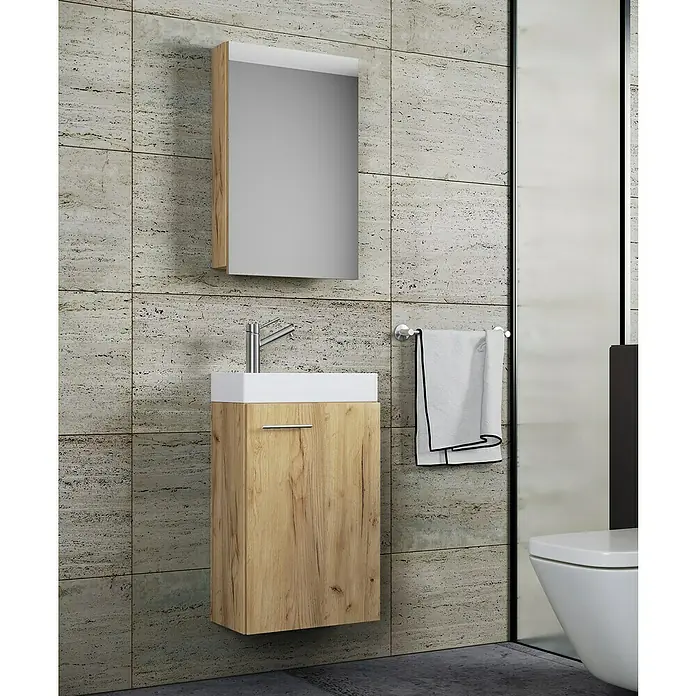 VCM Badmöbel-Set SPS - Gesamtbreite Badmöbel: 41 cm, Honig-Eiche, Glänzend, 3 -tlg. - Dieses Bild zeigt einen Waschtischunterschrank mit einem darüber hängenden Spiegelschrank in einem modernen Badezimmer.