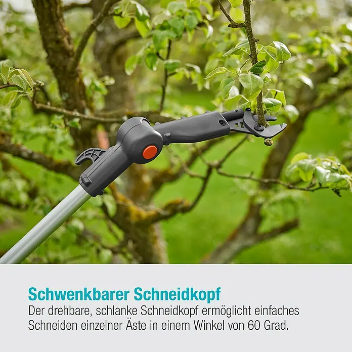 Gardena Power for All 18V Baumschere HighCut - 18 V, 1 Akku, Max. Aststärke: 28 mm, Länge: 255,7 cm - Astschneider mit schwenkbarem Schneidkopf in Aktion.