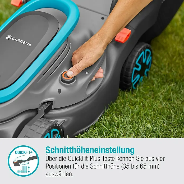 Gardena Power for All 18V Akku-Rasenmäher PowerMax 32/18V - 18 V, Ohne Akku, Schnittbreite: 32 cm - Detailaufnahme eines Gardena Rasenmähers mit Fokus auf die Schnitthöheneinstellung und QuickFit+ Funktion.