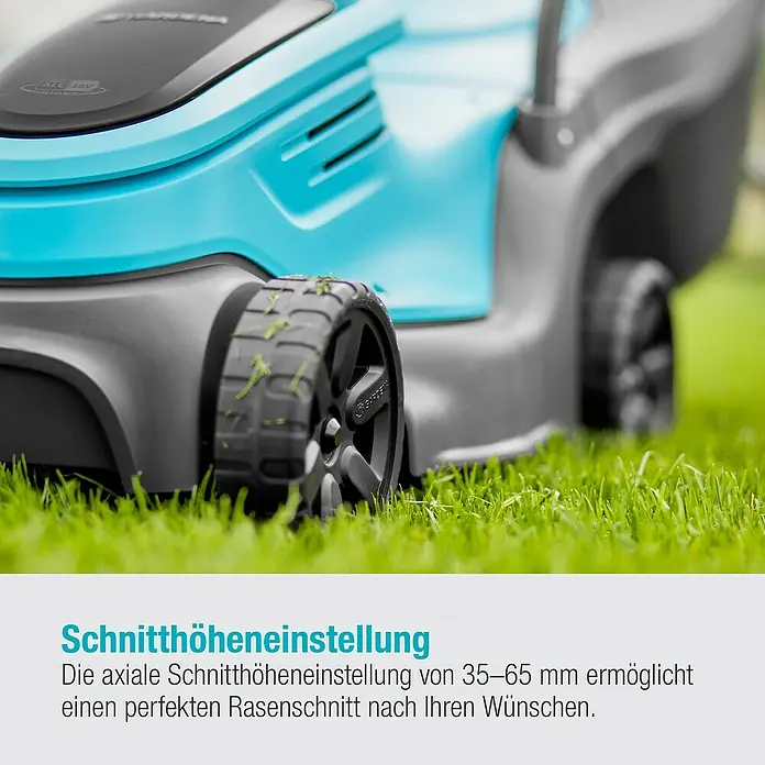 Gardena Power for All 18V Akku-Rasenmäher - 18 V, Ohne Akku, 4 Ah, Schnittbreite: 30 cm - Detailaufnahme eines Rasenmähers mit Fokus auf die Schnitthöheneinstellung.