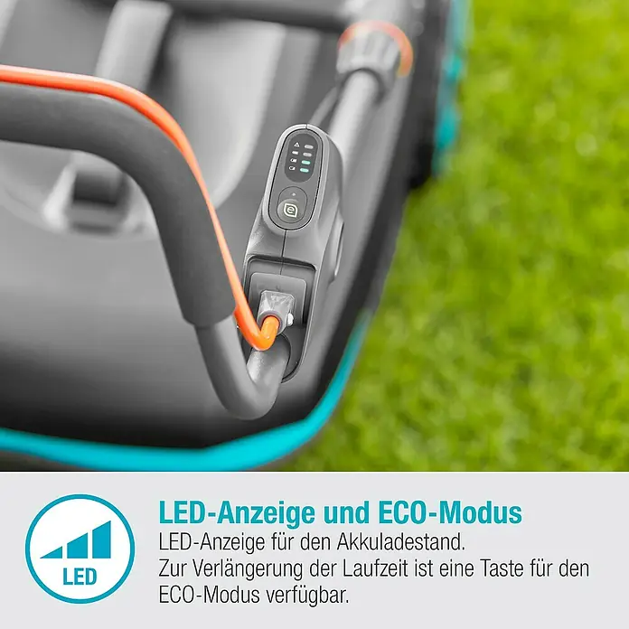 Gardena Power for All 18V Akku-Rasenmäher PowerMax 37/36V - 18 V, Ohne Akku, Schnittbreite: 37 cm - Nahaufnahme des Gardena Rasenmähers mit LED-Anzeige und ECO-Modus zur Akkuladestandsanzeige und Laufzeitverlängerung.