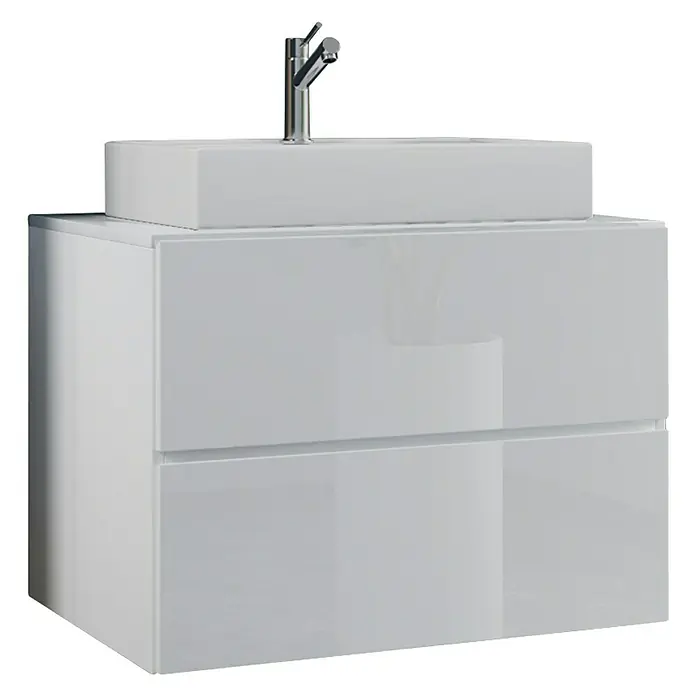 VCM Lendas Badmöbel-Set - 61 cm, Weiß - Modernes, glänzend weißes Waschtisch mit zwei Schubladen und Aufsatzwaschbecken mit Chromarmatur für ein stilvolles Badezimmer.