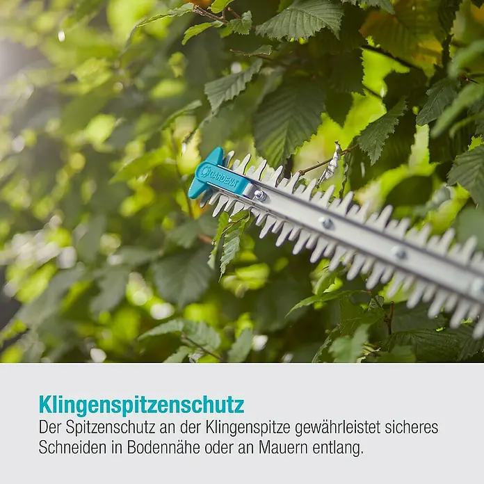Gardena Power for All 18V Akku-Heckenschere EasyCut - 18 V, Li-Ionen, Ohne Akku - Bild einer Gardena Heckenschere mit Klingenspitzenschutz, der sicheres Schneiden ermöglicht.