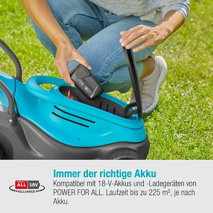 Gardena Power for All 18V Akku-Rasenmäher - 18 V, Ohne Akku, 4 Ah, Schnittbreite: 30 cm - Der Akku-Rasenmäher mit 18-V-Akku ist mit dem POWER FOR ALL-System kompatibel und bietet eine Laufzeit von bis zu 225 m², je nach Akku.