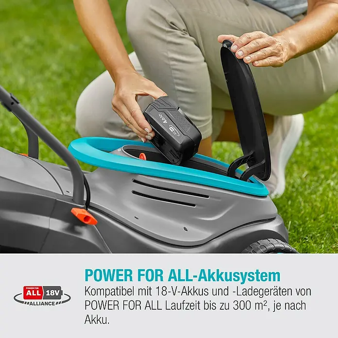Gardena Power for All 18V Akku-Rasenmäher PowerMax 32/18V - 18 V, Ohne Akku, Schnittbreite: 32 cm - Akkubetriebener Rasenmäher mit eingesetztem 18-V-Akku des POWER FOR ALL-Akkusystems für kabellose Freiheit im Garten.