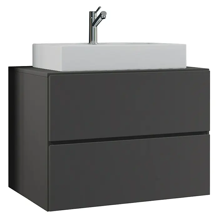 VCM Lendas Badmöbel-Set - 61 cm, Anthrazit - Schwarzer Badezimmerschrank mit weißem Aufsatzwaschbecken und Chromarmatur für ein modernes Badambiente. Praktische Schubladen bieten Stauraum.
