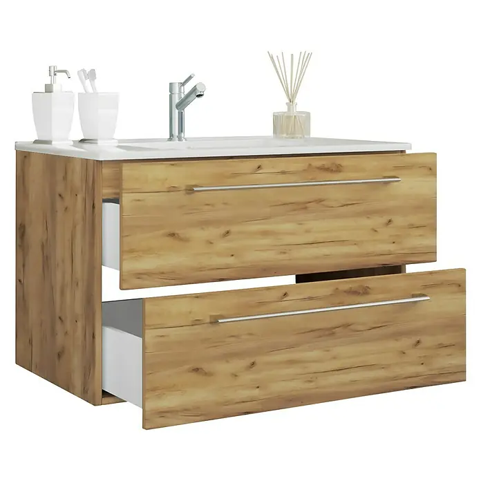 VCM Badinos Badmöbel-Set - 81 cm, Honig-Eiche, 2 -tlg. - Ein moderner Badezimmerschrank mit zwei Schubladen in Holzoptik, einer weißen Arbeitsplatte und Armaturen. Perfekt für jedes Badezimmer.