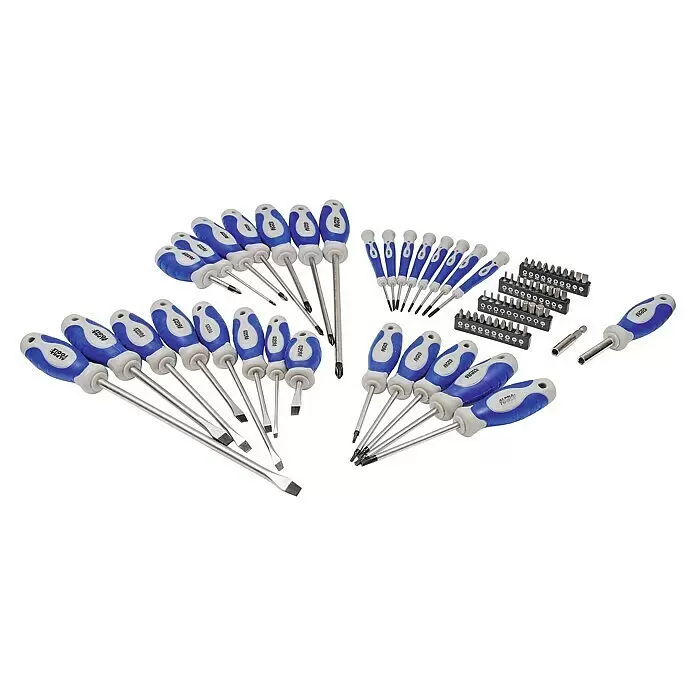 Alpha Tools Set de destornilladores - 70 pzs., Acero - Un completo juego de destornilladores con mango azul y blanco y varias puntas intercambiables, incluyendo tamaños de precisión y estándar.