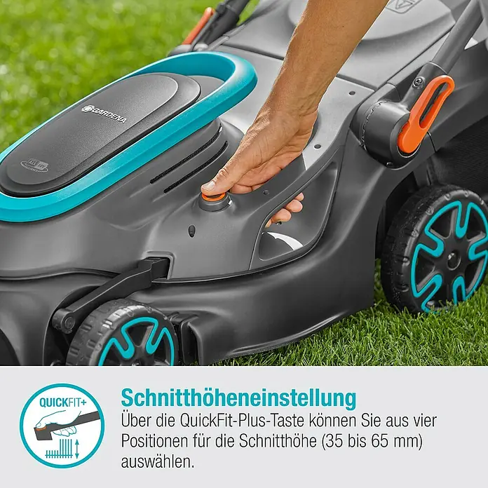 Gardena Power for All 18V Akku-Rasenmäher PowerMax 37/36V - 18 V, Ohne Akku, Schnittbreite: 37 cm - Nahaufnahme eines Gardena Rasenmähers mit QuickFit-Plus Taste zur Schnitthöheneinstellung zwischen 35 und 65 mm.