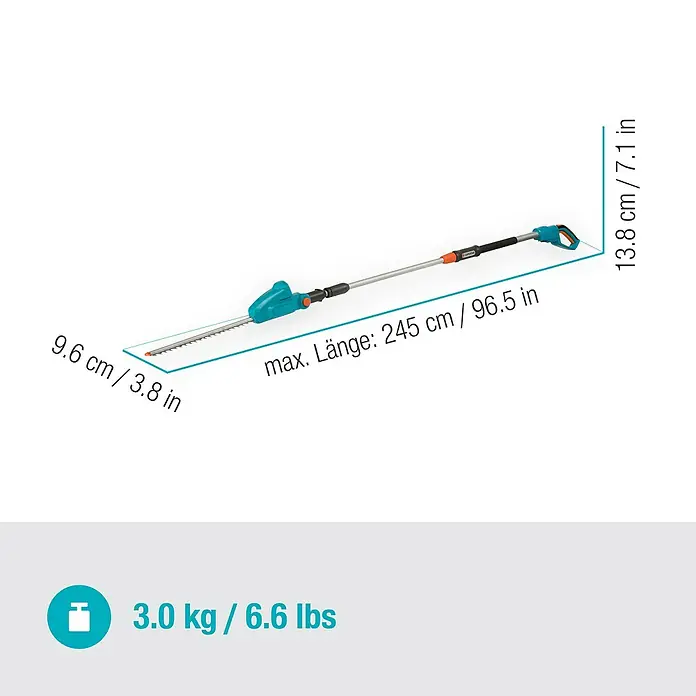 Gardena Power for All 18V Teleskop-Heckenschere - 18 V, Ohne Akku, Schwertlänge: 42 cm - Bild der Gardena Akku-Teleskop-Heckenschere mit Maßangaben zu Gewicht und Abmessungen.