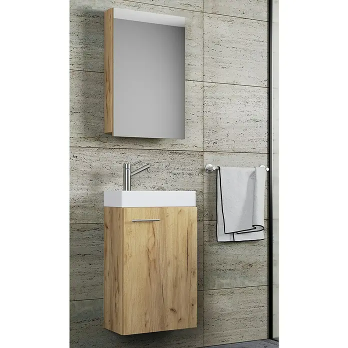 VCM Badmöbel-Set SPS - Gesamtbreite Badmöbel: 41 cm, Honig-Eiche, Glänzend, 3 -tlg. - Ein modernes Badezimmer-Waschtisch-Set mit einem Holzunterschrank, einem weißen Waschbecken und einem Spiegel.