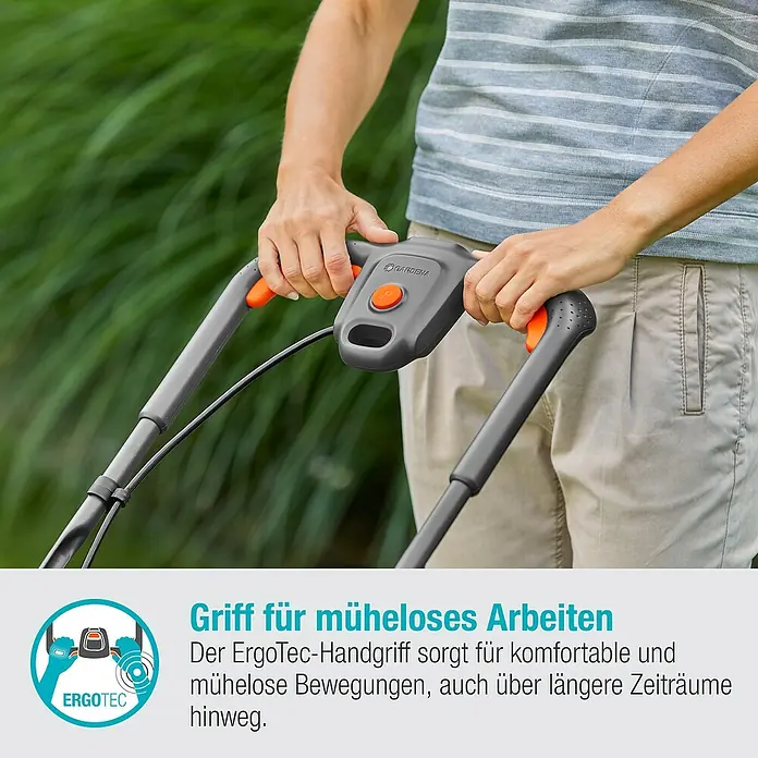 Gardena Power for All 18V Akku-Rasenmäher PowerMax 32/18V - 18 V, 1 Akku, 4 Ah, Schnittbreite: 32 cm - Nahaufnahme des Gardena ErgoTec-Handgriffs, der komfortable und mühelose Bewegungen beim Arbeiten im Garten ermöglicht.