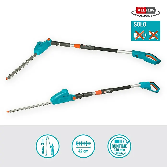 Gardena Power for All 18V Teleskop-Heckenschere - 18 V, Ohne Akku, Schwertlänge: 42 cm - Abbildung einer Gardena Akku-Teleskop-Heckenschere, die durch Akku betrieben wird und eine Laufzeit von bis zu 240 min hat.