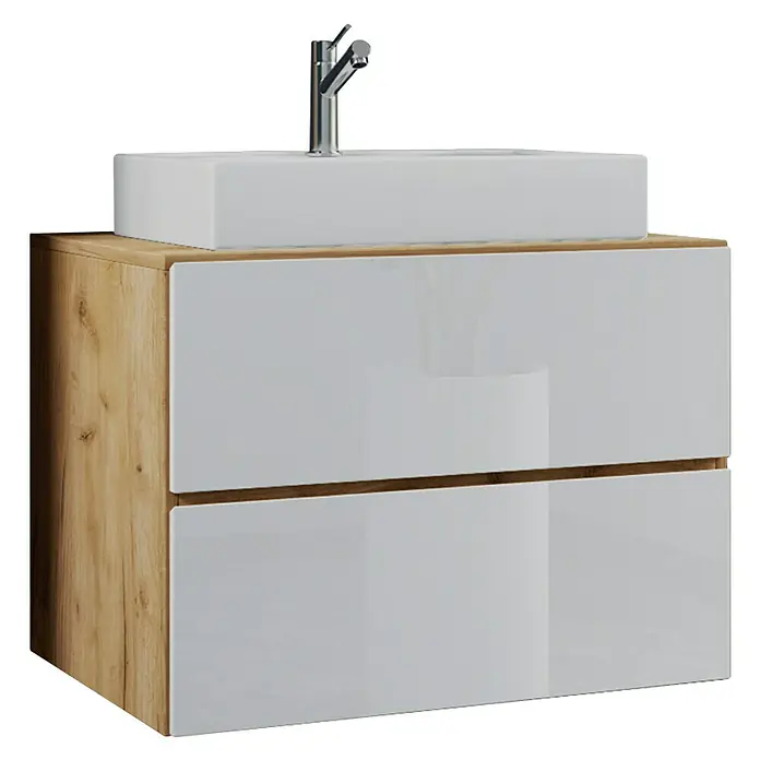 VCM Lendas Badmöbel-Set - 61 cm, Honig-Eiche/Weiß - Modernes Waschbeckenmöbel mit Holzstruktur und weißen Schubladen für das Badezimmer. Elegantes Design.