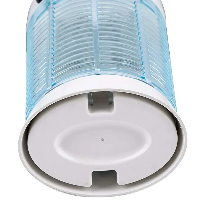Farolillo antimosquitos LED - 12 W, Blanco - Primer plano de la base de un matamoscas azul, que muestra una base redonda y blanca con recortes para facilitar la limpieza y el mantenimiento.