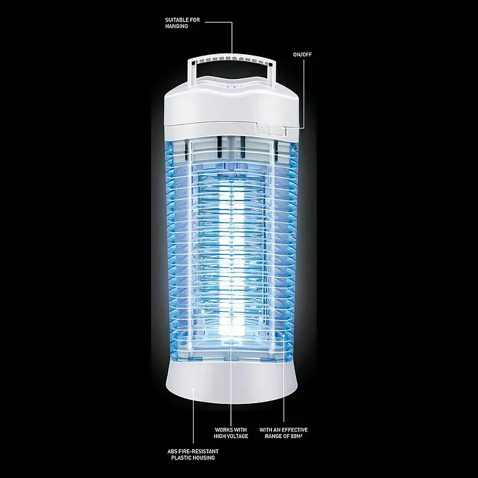 Farolillo antimosquitos LED - 12 W, Blanco - La imagen muestra una trampa para insectos de luz ultravioleta, adecuada para colgar, con una carcasa de plástico ABS ignífuga y un rango efectivo de 80m².