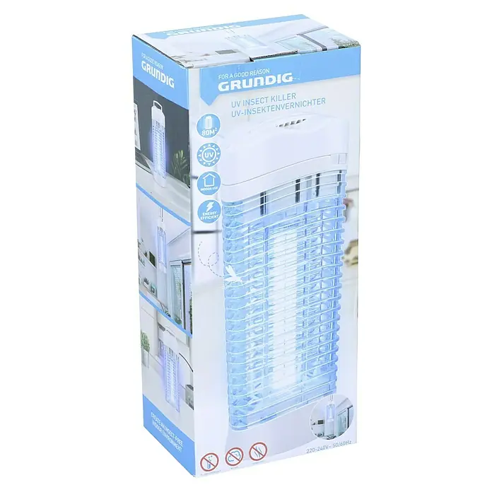 Farolillo antimosquitos LED - 12 W, Blanco - Caja que contiene un insecticida UV de Grundig, ideal para uso en interiores, cubre 80 m², eficiente energéticamente, para un hogar sin insectos.