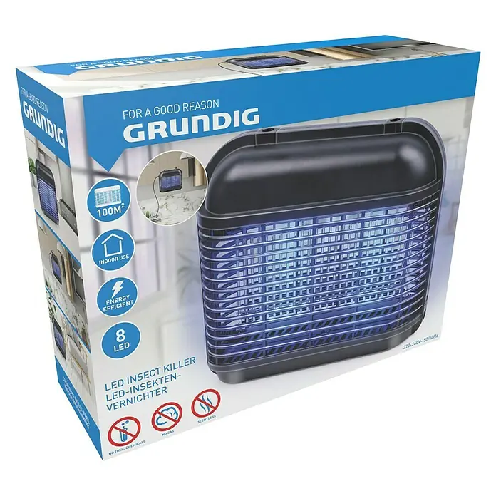 Farolillo antimosquitos LED - 6 W, Negro - Imagen de un paquete para un mata insectos LED GRUNDIG, que cubre hasta 100m² y es apto para uso interior.