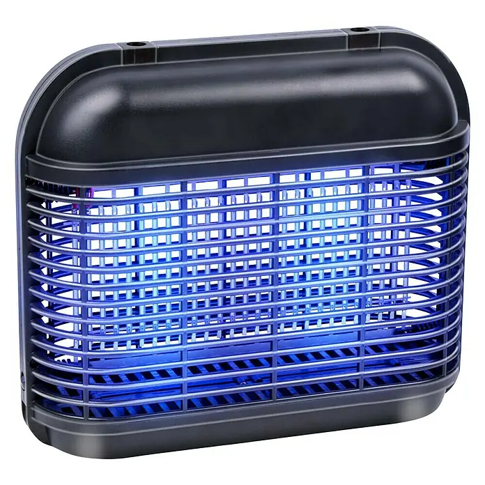 Farolillo antimosquitos LED - 6 W, Negro - Insecticida eléctrico con luz azul, encerrado en una rejilla negra, ideal para el control de plagas en interiores.