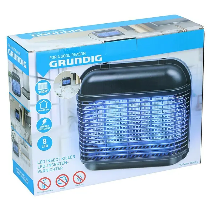 Farolillo antimosquitos LED - 6 W, Negro - Imagen del matamosquitos LED Grundig en su embalaje, que cubre 100 m² y es eficiente energéticamente.