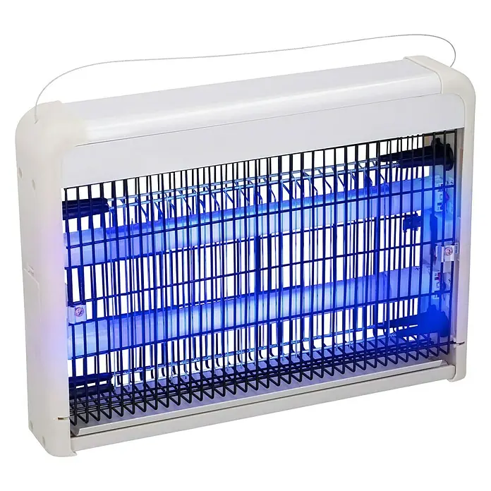 Matainsectos eléctrico UV-LED - Blanco, 230 V - Un matamoscas UV con una rejilla y una carcasa blanca. La trampa atrae y mata a los insectos con electricidad.