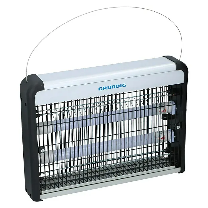 Matainsectos eléctrico UV-LED - Blanco, 230 V - Primer plano de un matainsectos Grundig con luz UV y rejilla protectora, ideal para uso interior.